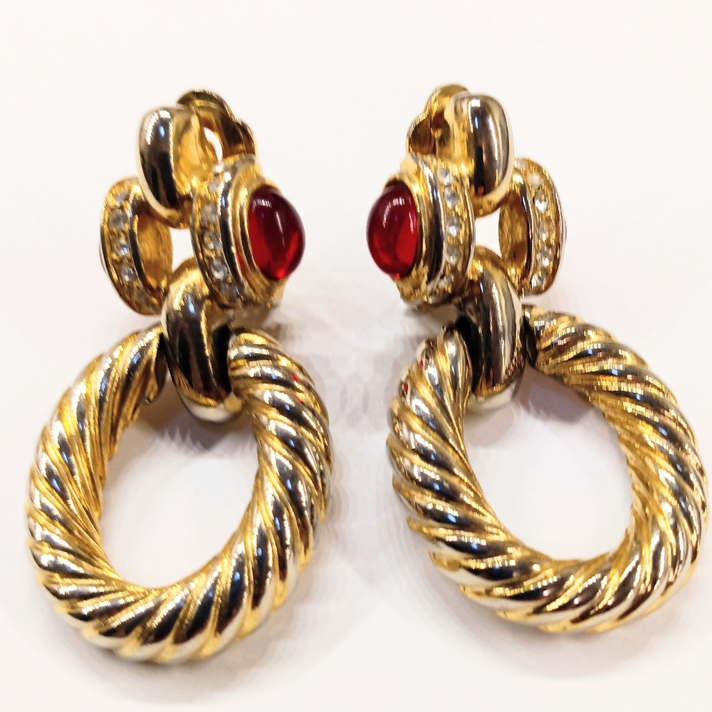Vintage Door Knocker Rhinestone Earrings Clip - Picture 1 of 4